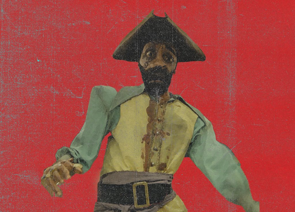 Bärtiger Mann in historischer Kleidung mit Dreispitz-Hut, gelber Weste und grünem Hemd vor einem roten Hintergrund mit körniger Textur; sein Gesichtsausdruck wirkt überrascht oder erschrocken.